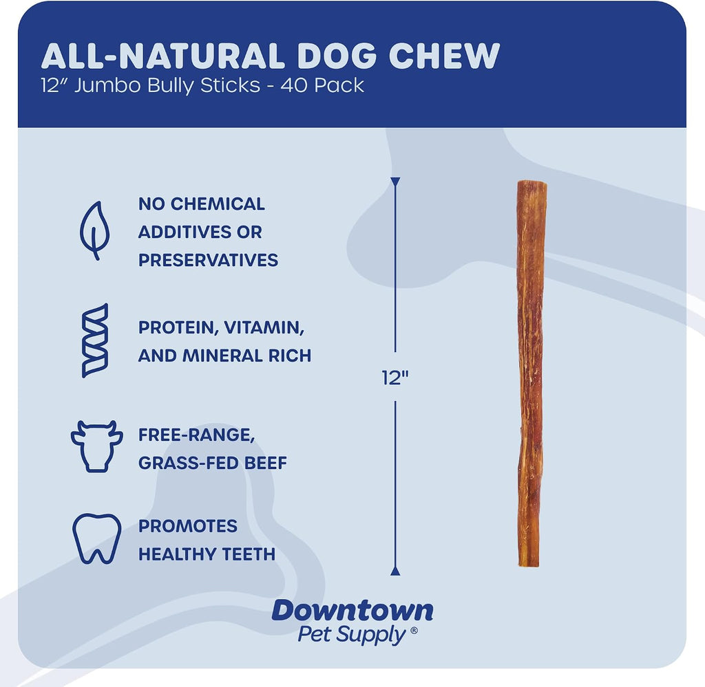 Downtown Pet Supply Jumbo Bully Sticks for Dogs - Natural Beef Chews, Low-Odor & Rawhide-Free, Long Lasting Dog Treats for Aggressive Chewers - Healthy, Safe & Delicious Chews Dogs Love (12" 40 Pack)