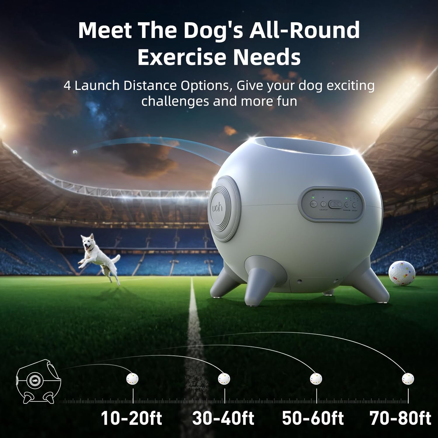 uahpet Automatic Ball Launcher for Dogs with Obstacle Detection, 20ft-80ft Adjustable Distances Ball Thrower Launcher for Medium & Large Dogs, with 4 Balls (2.5 inches)