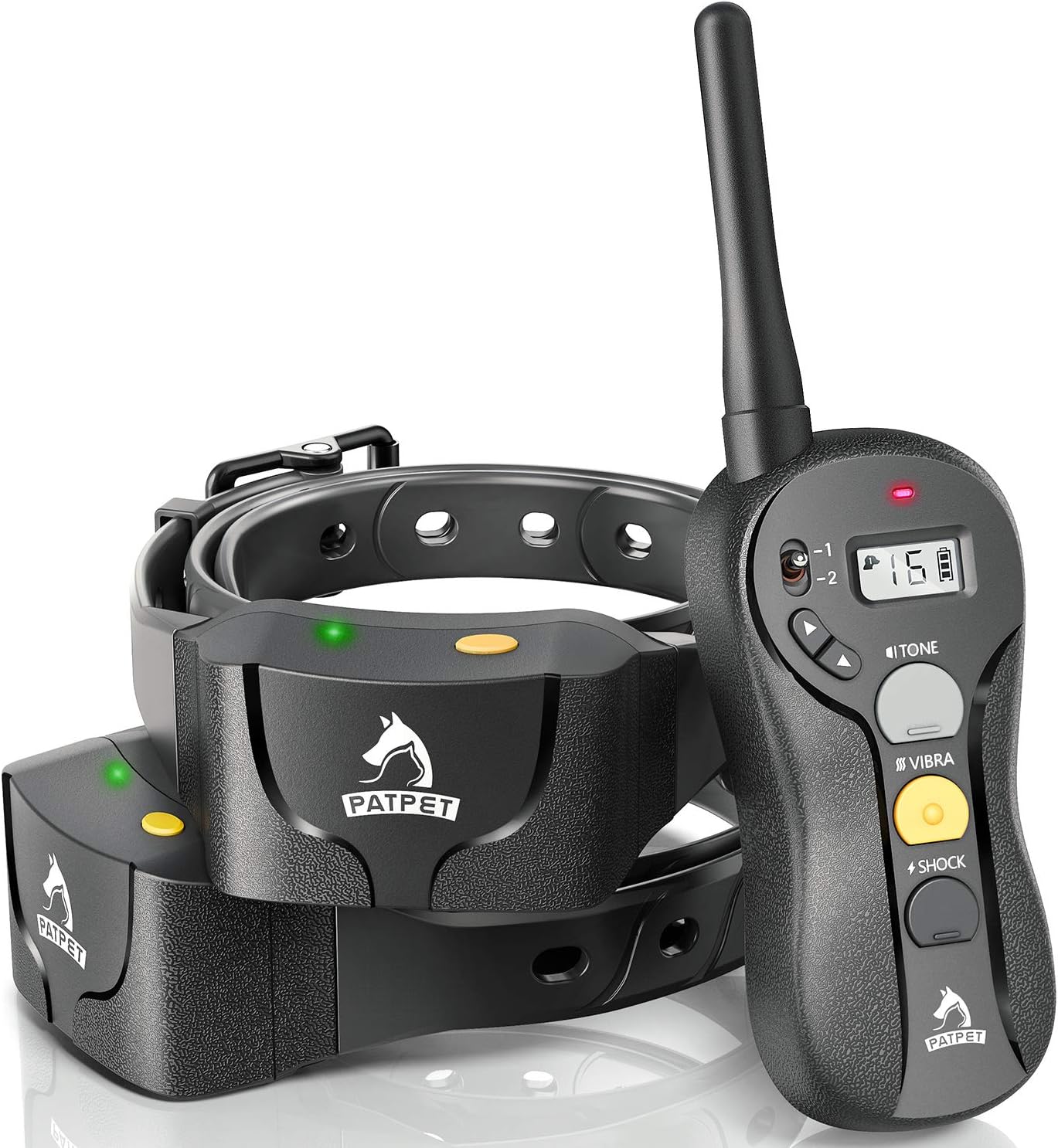 PATPET 2 Dogs Training Collar with Remote - IPX7 Waterproof Shock Collar for 2 Dogs with 3 Modes (Beep/Vibration/16 Levels Static), 3000FT Rechargeable E Collar for Medium Large Dogs (10-140 lbs)