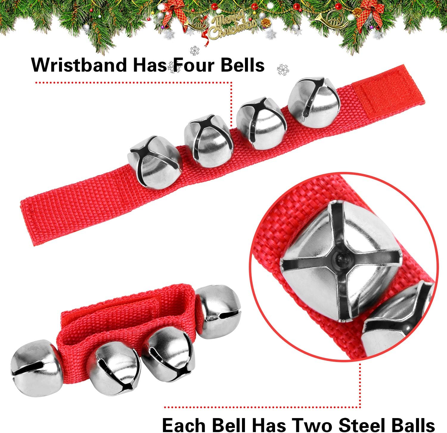 Augshy 10PCS Christmas Wrist Band Jingle Bells, Musical Instruments for Christmas Party Favors (Red and Green)