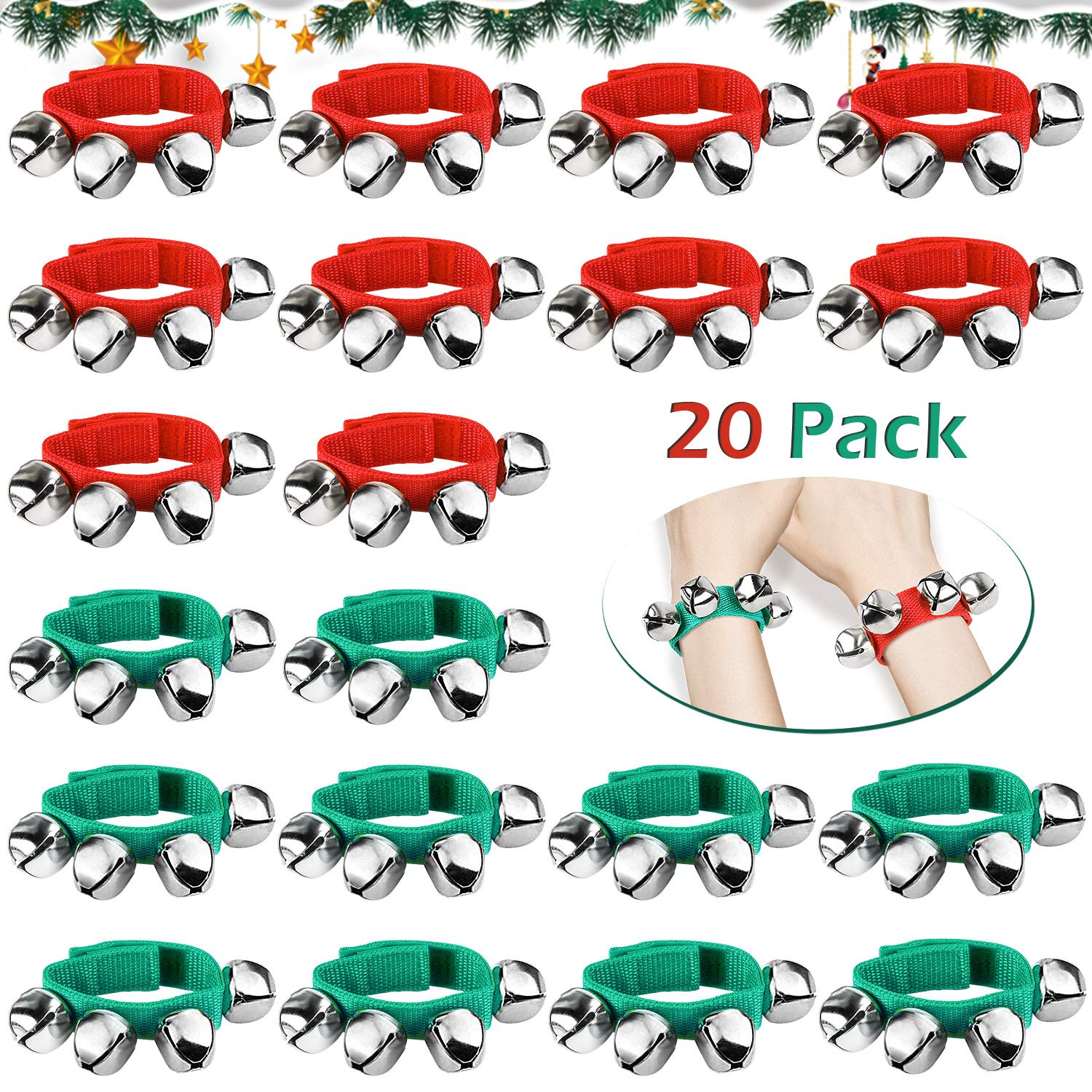 Augshy 10PCS Christmas Wrist Band Jingle Bells, Musical Instruments for Christmas Party Favors (Red and Green)