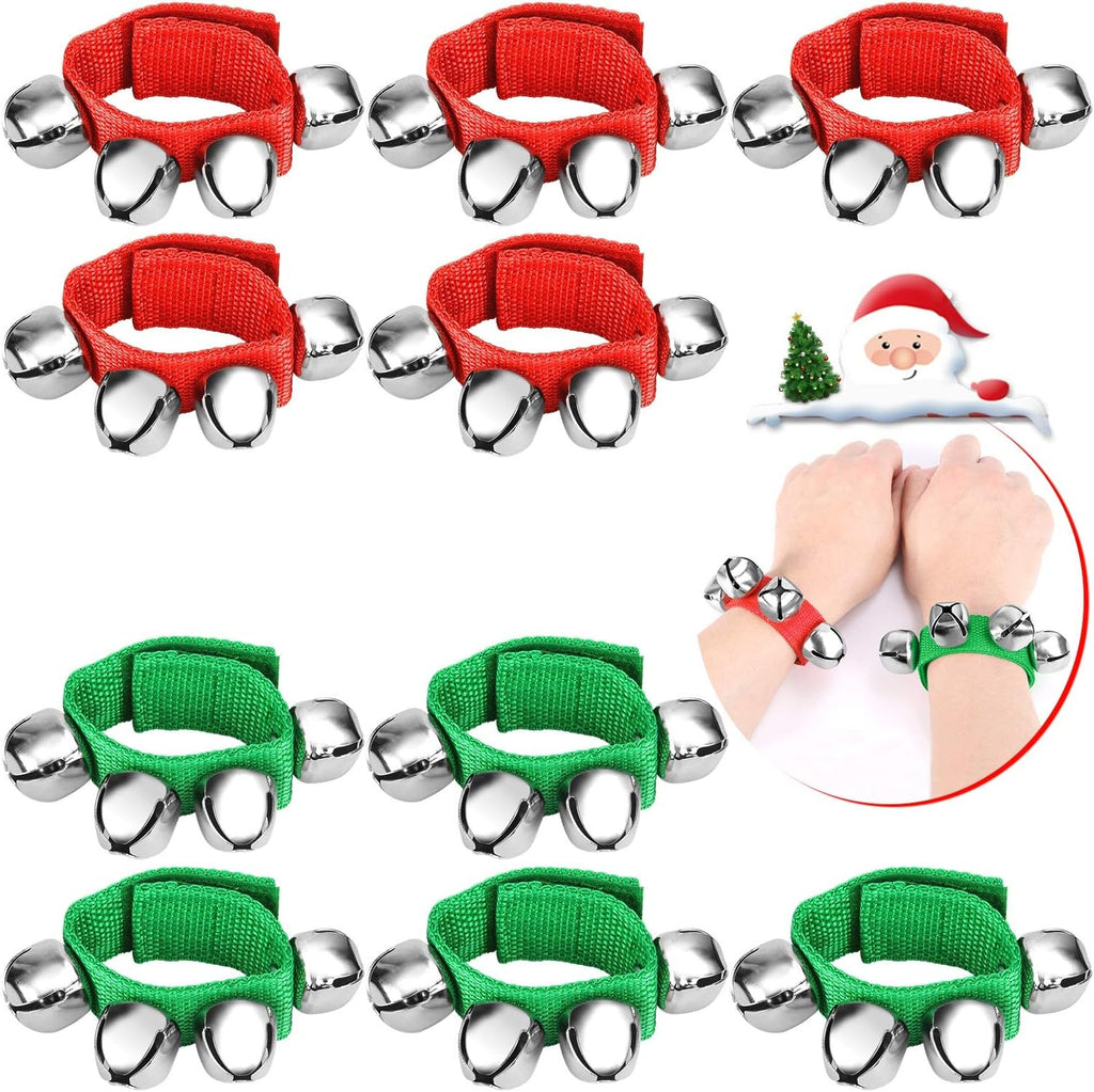 Augshy 10PCS Christmas Wrist Band Jingle Bells, Musical Instruments for Christmas Party Favors (Red and Green)