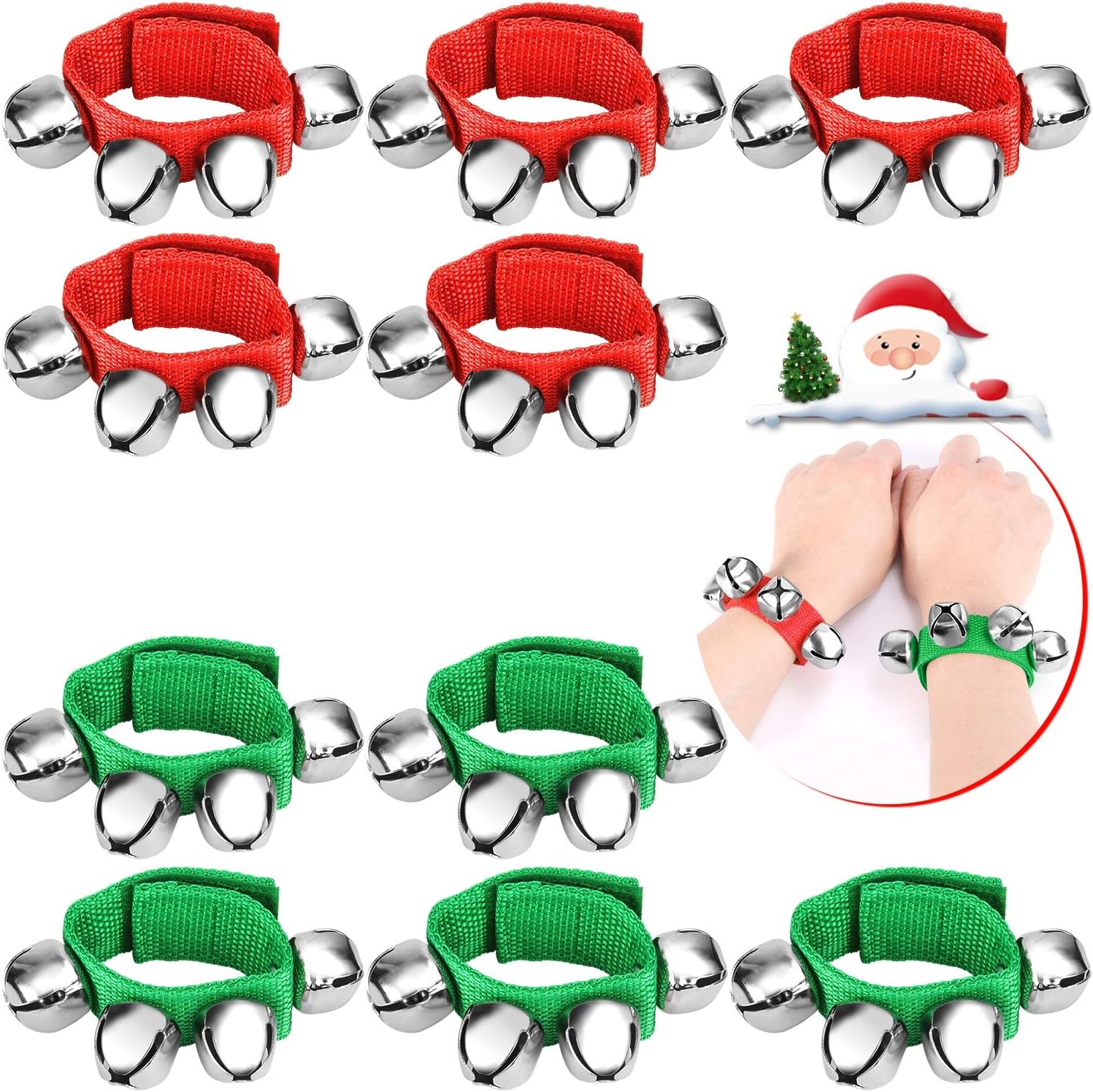 Augshy 10PCS Christmas Wrist Band Jingle Bells, Musical Instruments for Christmas Party Favors (Red and Green)